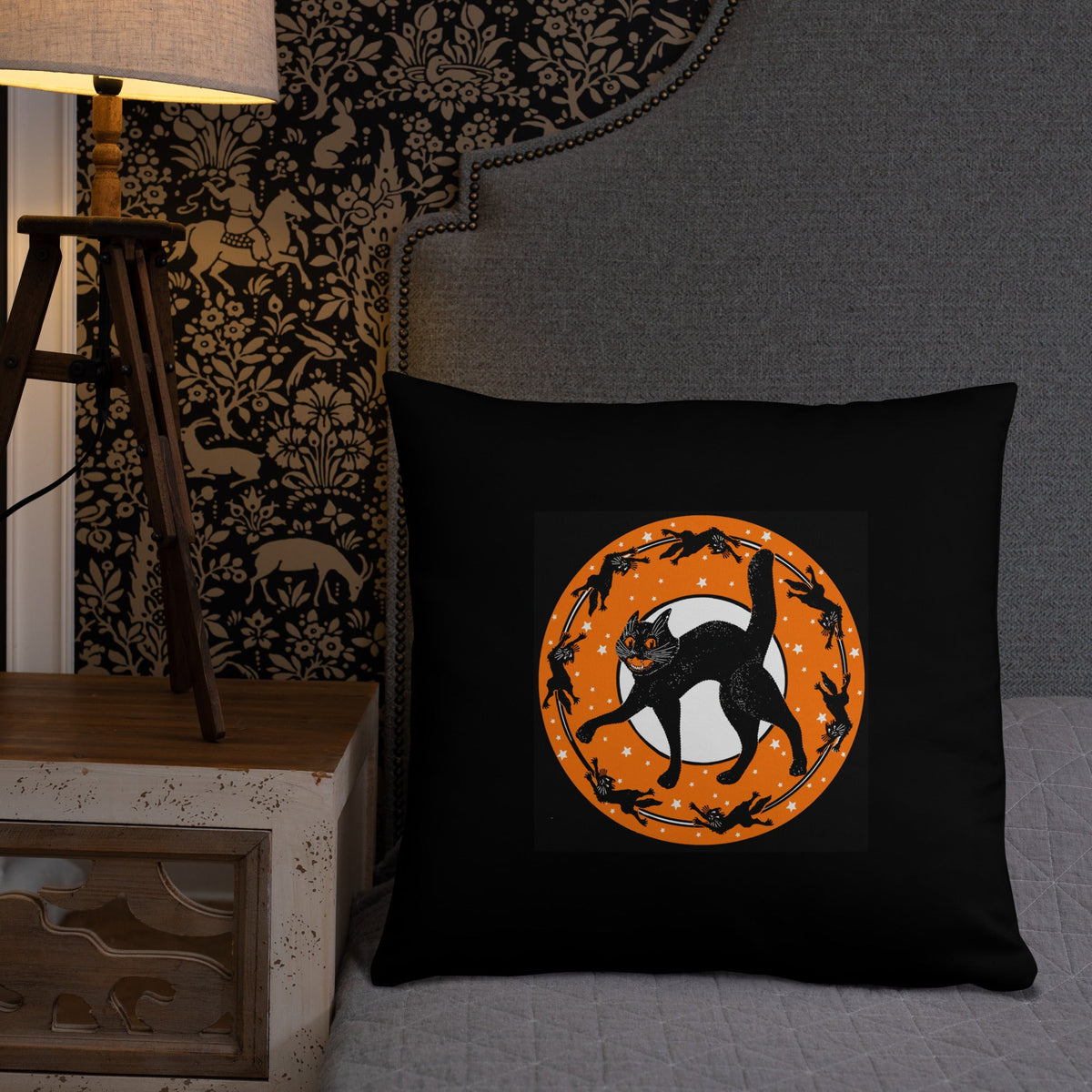 Black Cats Full Moon Retro Halloween Black Square Pillow