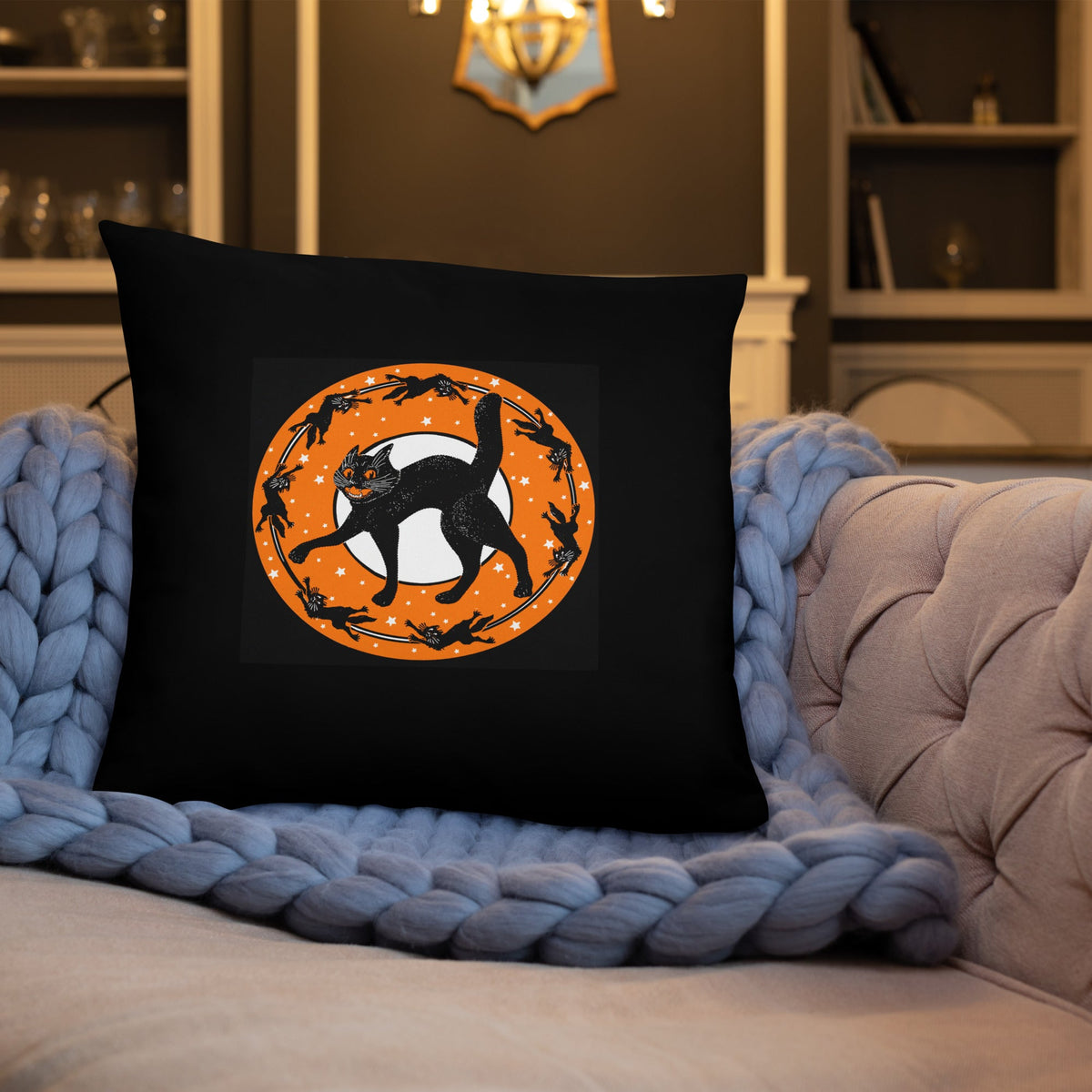 Black Cats Full Moon Retro Halloween Black Square Pillow