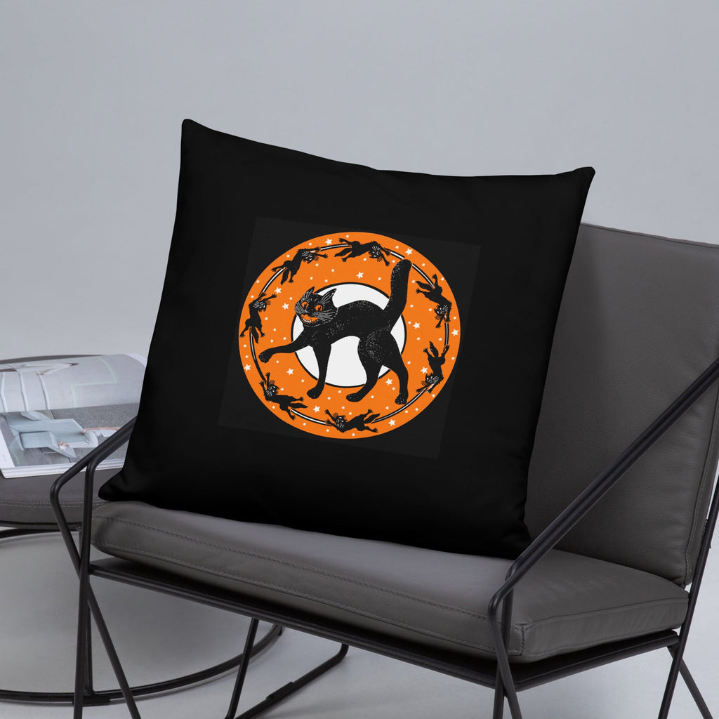 Black Cats Full Moon Retro Halloween Black Square Pillow
