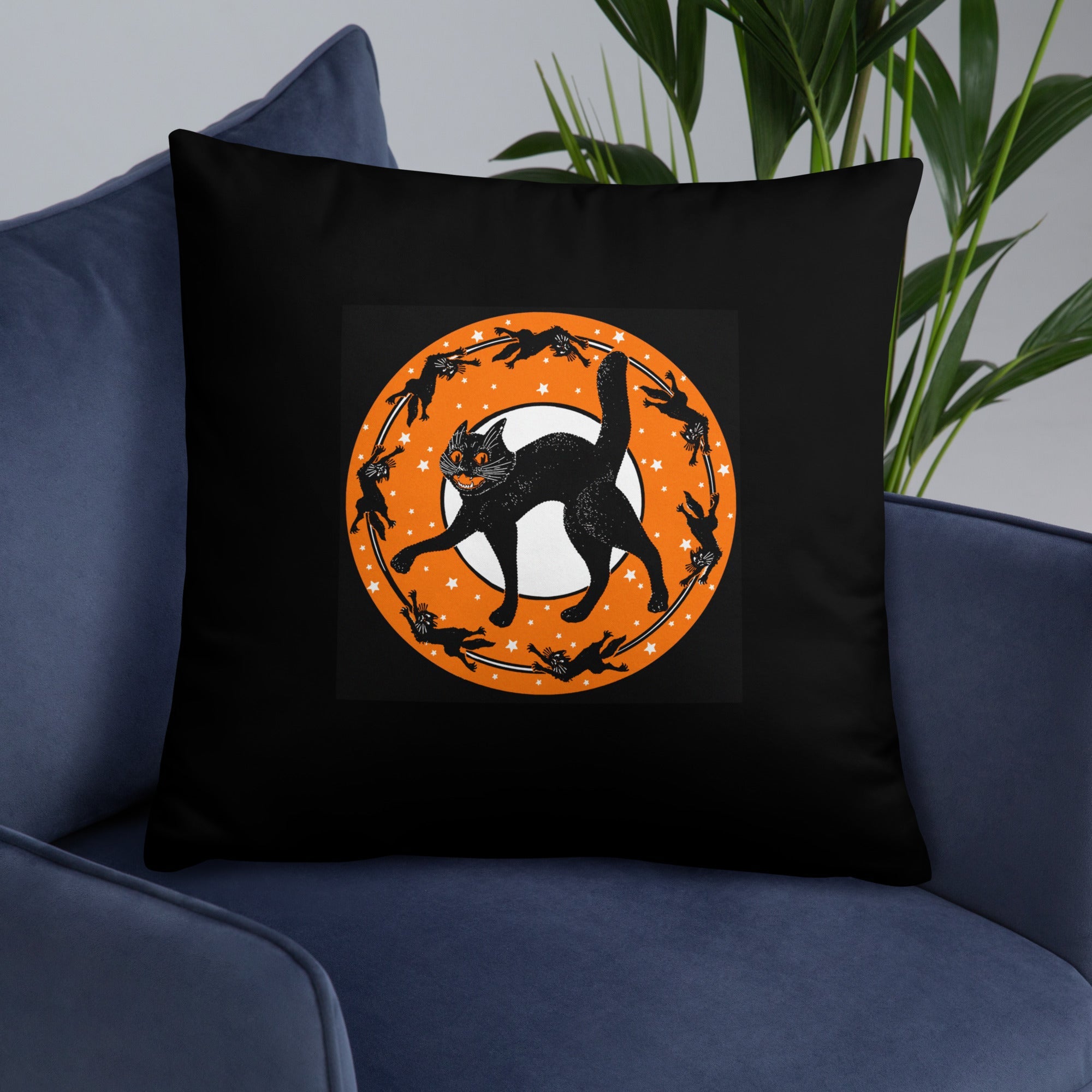 Black Cats Full Moon Retro Halloween Black Square Pillow