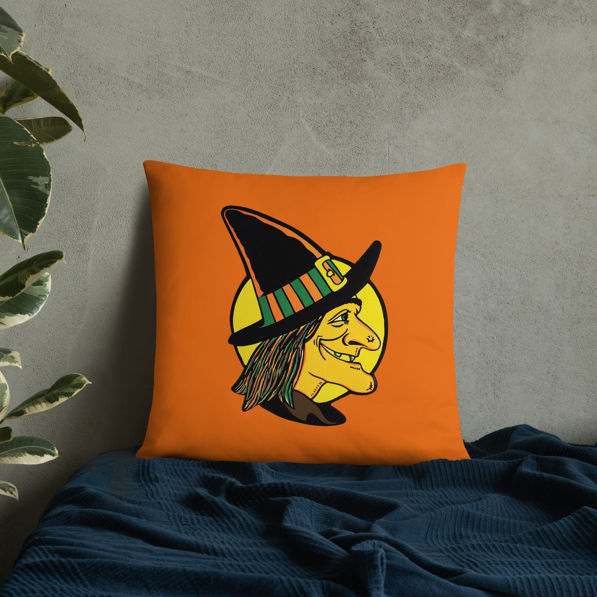 Retro Witch Full Moon Orange Halloween Square Pillow