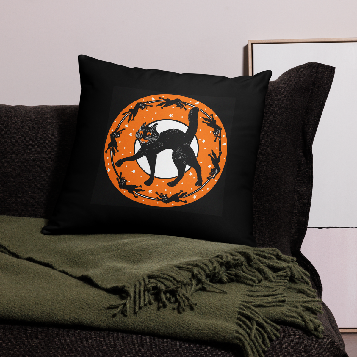 Black Cats Full Moon Retro Halloween Black Square Pillow