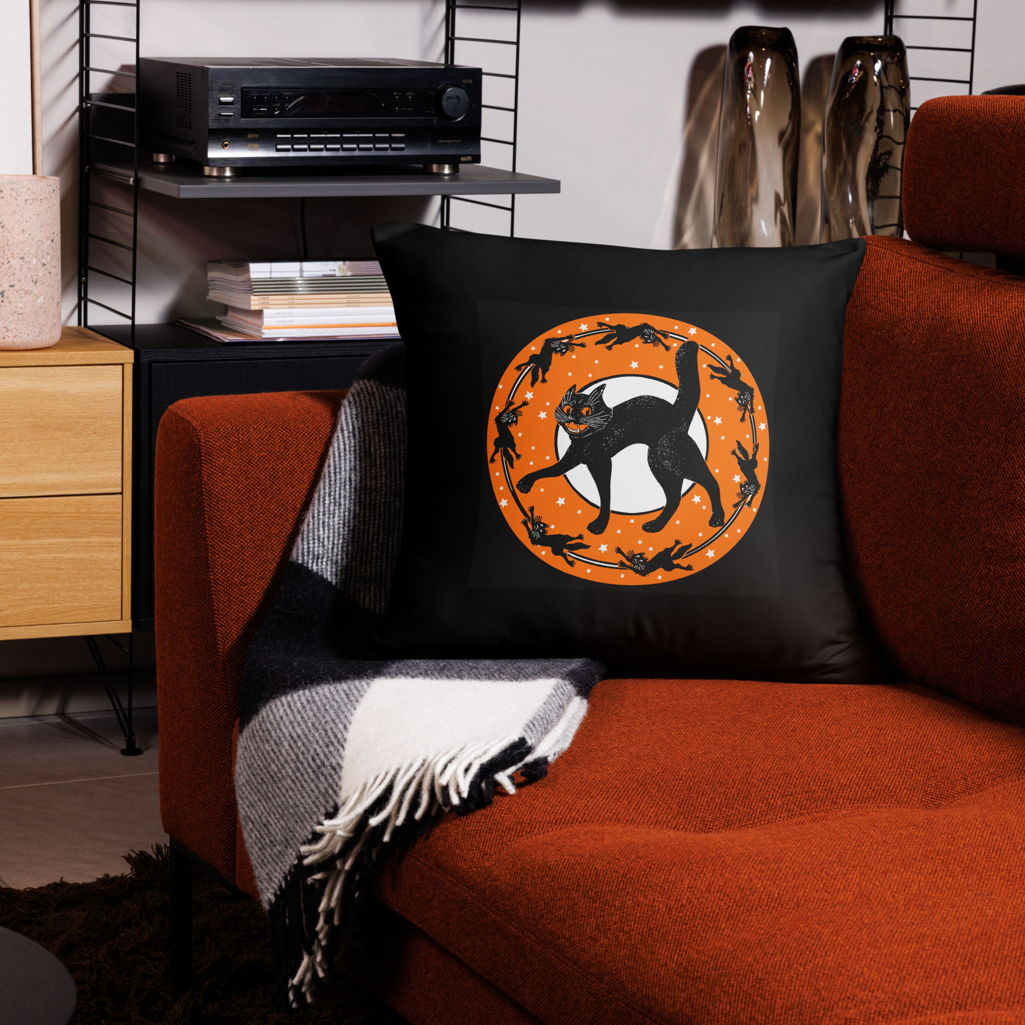 Black Cats Full Moon Retro Halloween Black Square Pillow