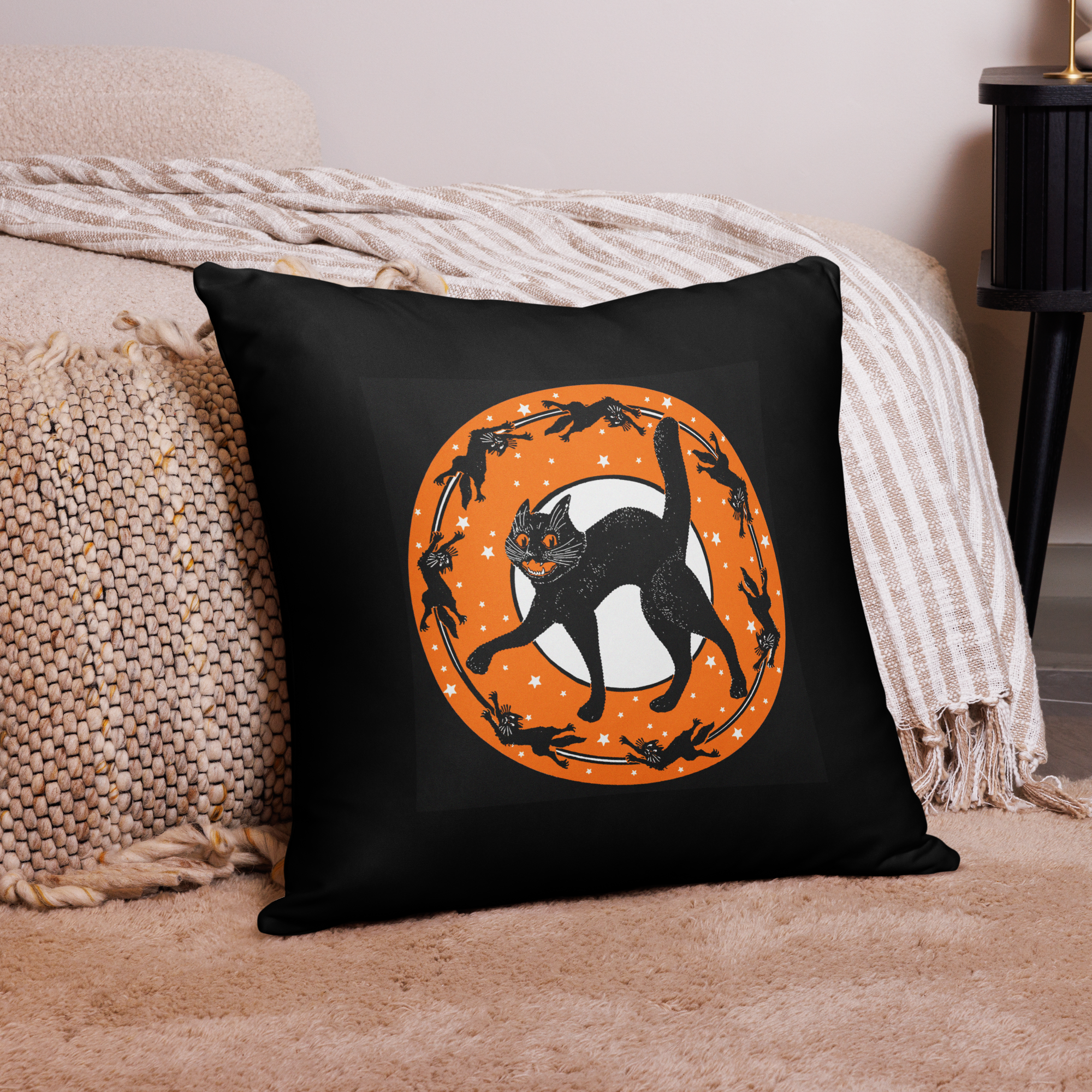Black Cats Full Moon Retro Halloween Black Square Pillow
