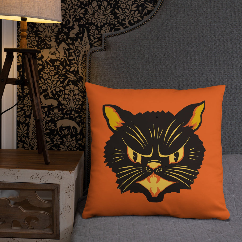 Black Cat Orange Retro Halloween Square Pillow