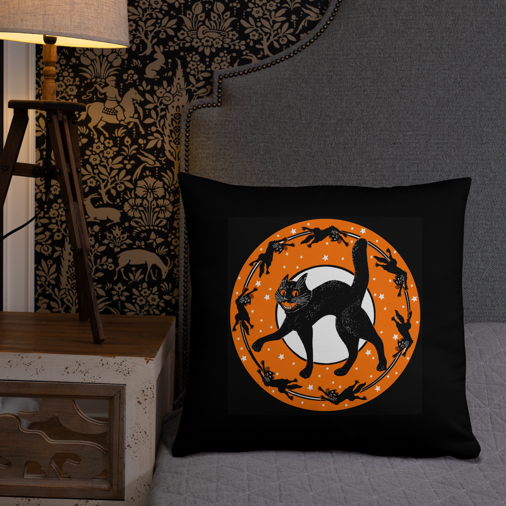 Black Cats Full Moon Retro Halloween Black Square Pillow
