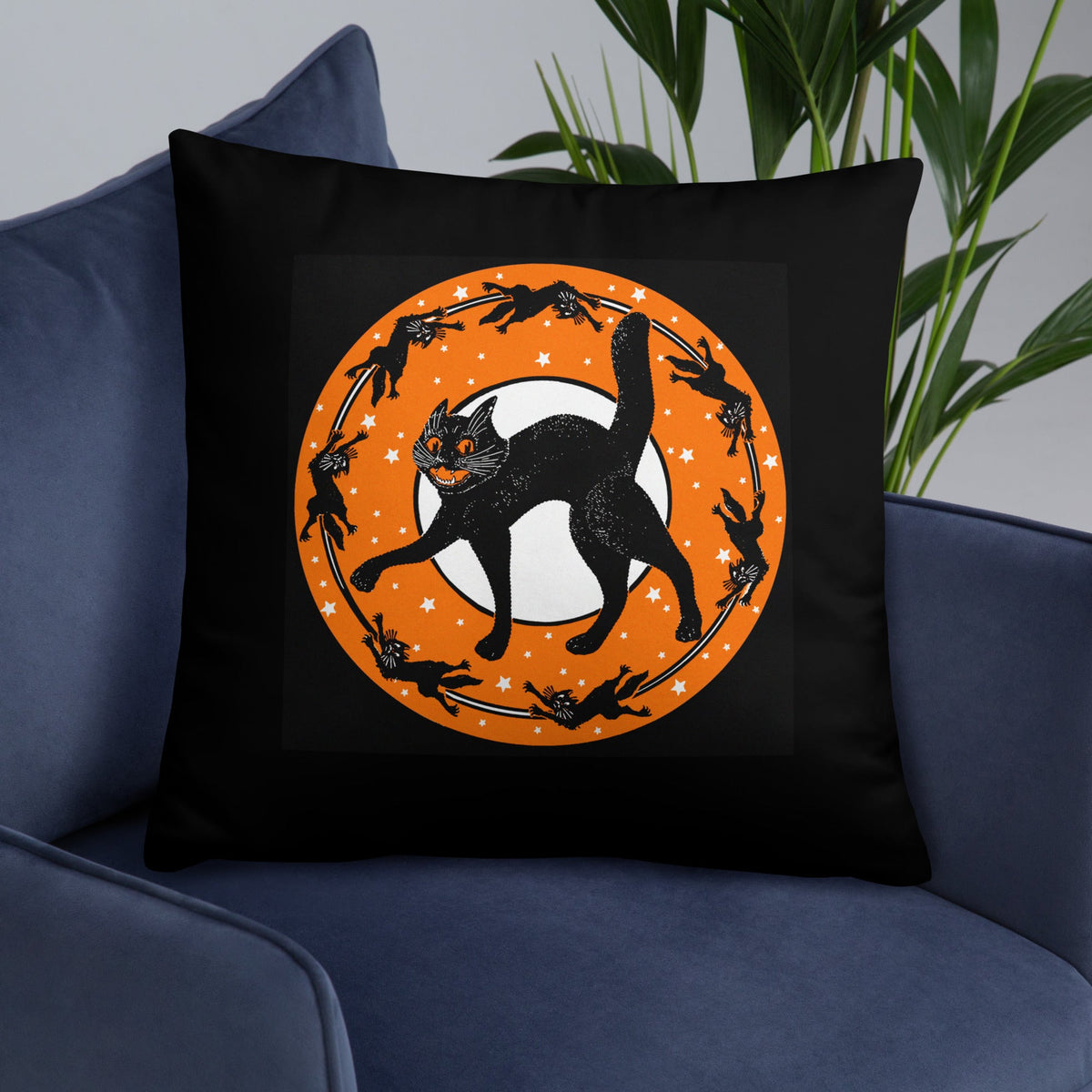 Black Cats Full Moon Retro Halloween Black Square Pillow