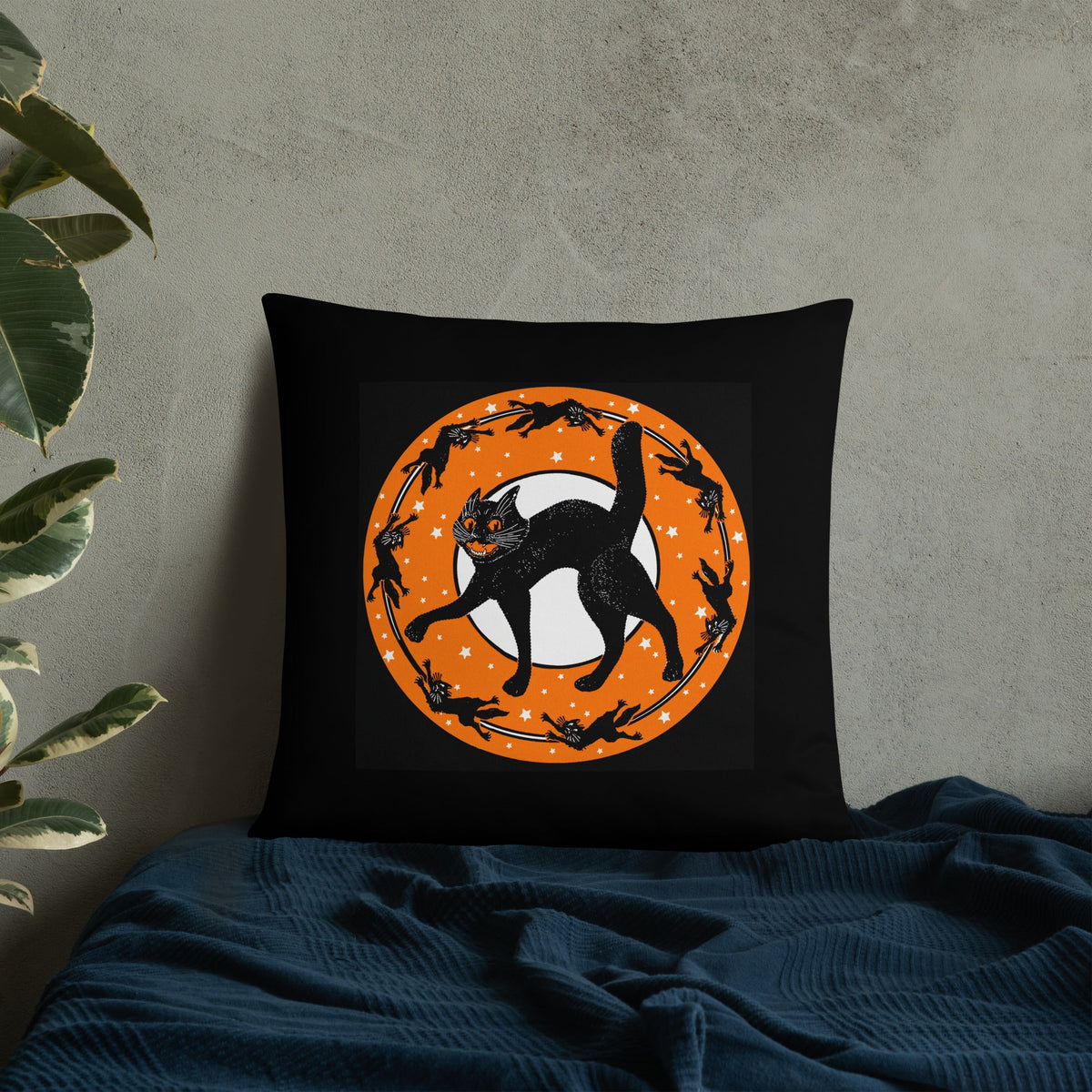 Black Cats Full Moon Retro Halloween Black Square Pillow