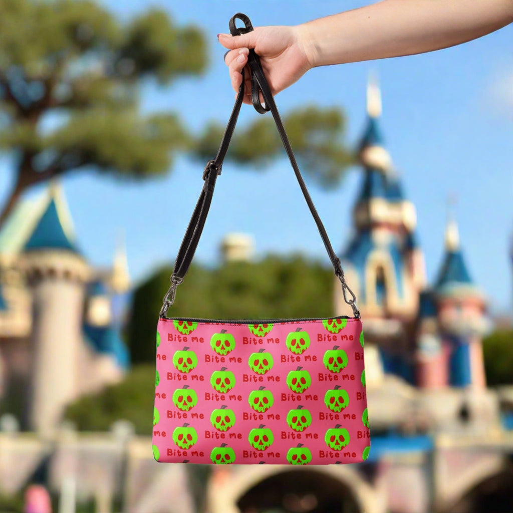Snow White Evil Queen Bite Me Poison Apple Halloween Pink Crossbody Bag Purse