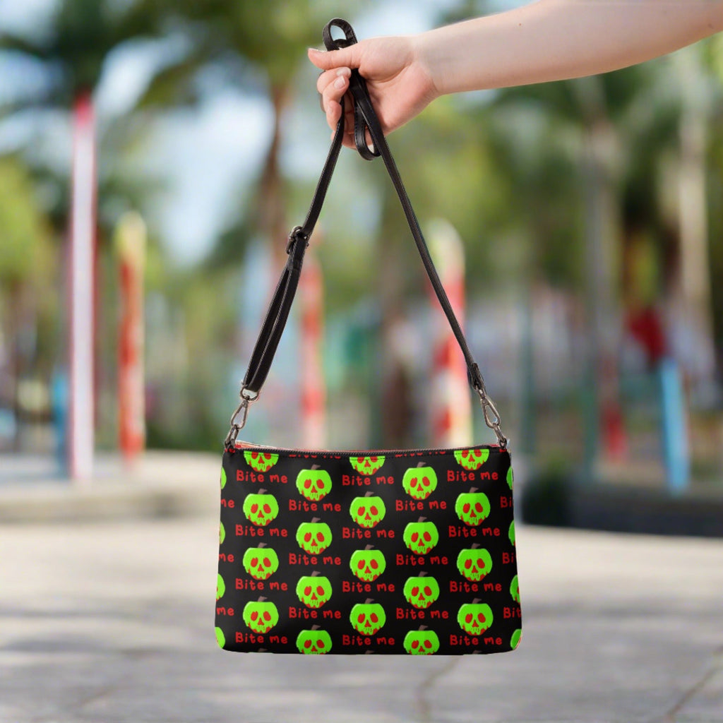 Snow White Evil Queen Bite Me Poison Apple Halloween Black Crossbody Bag Purse