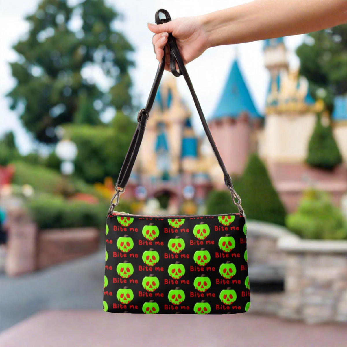 Snow White Evil Queen Bite Me Poison Apple Halloween Black Crossbody Bag Purse