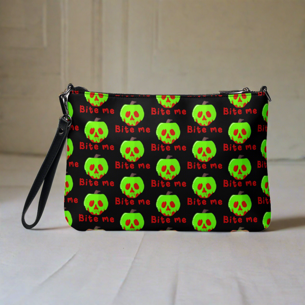 Snow White Evil Queen Bite Me Poison Apple Halloween Black Crossbody Bag Purse