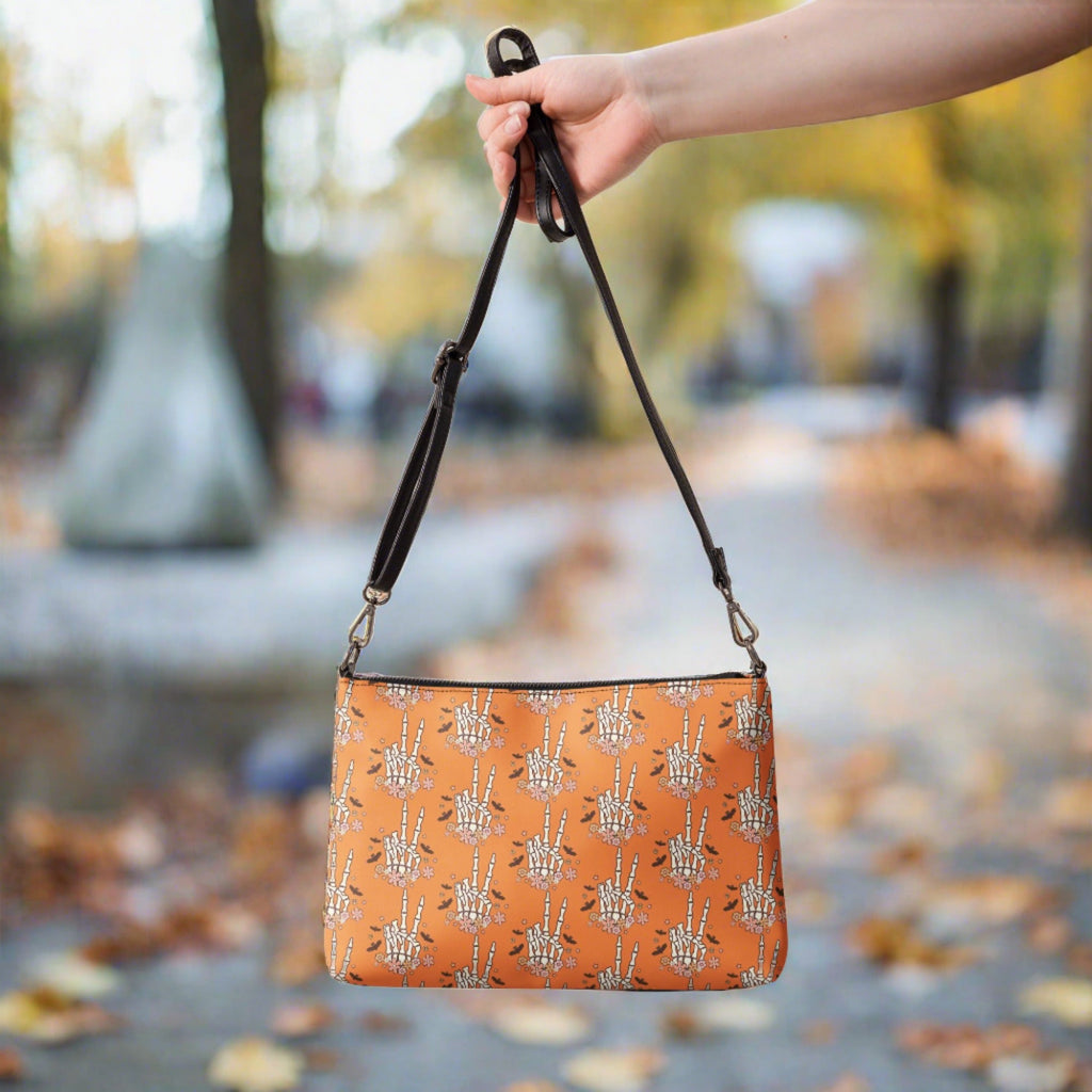 Retro Groovy Skeleton Peace Sign Halloween Crossbody Bag Shoulder Purse Wristlet Clutch