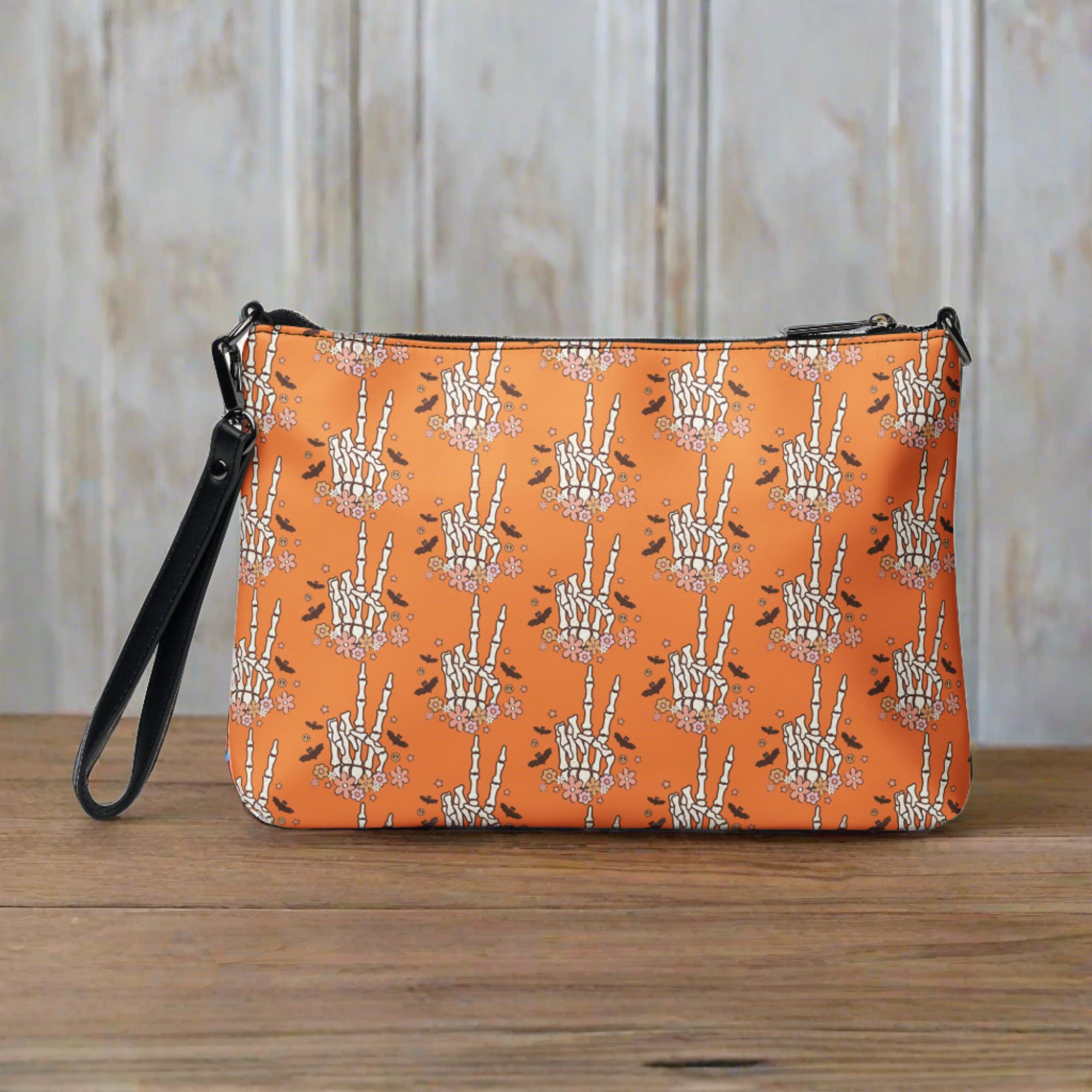 Retro Groovy Skeleton Peace Sign Halloween Crossbody Bag Shoulder Purse Wristlet Clutch