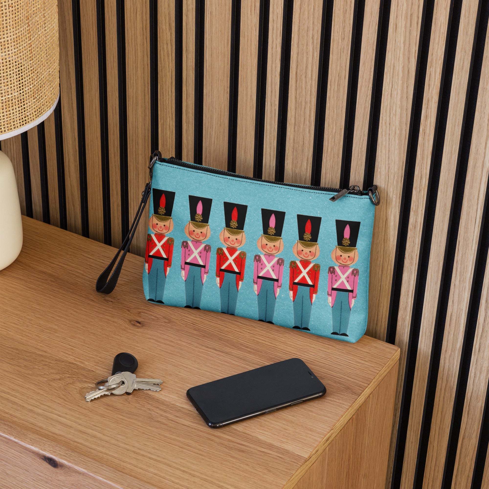 Christmas Toy Soldiers Mid Century Retro Christmas Print Blue Crossbody Bag Purse