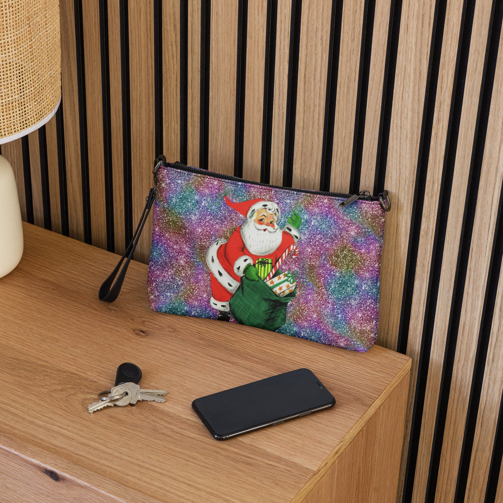 Retro Santa With His Sack Of Presents Glitter Background Mid Century Christmas Print Crossbody Bag Purse