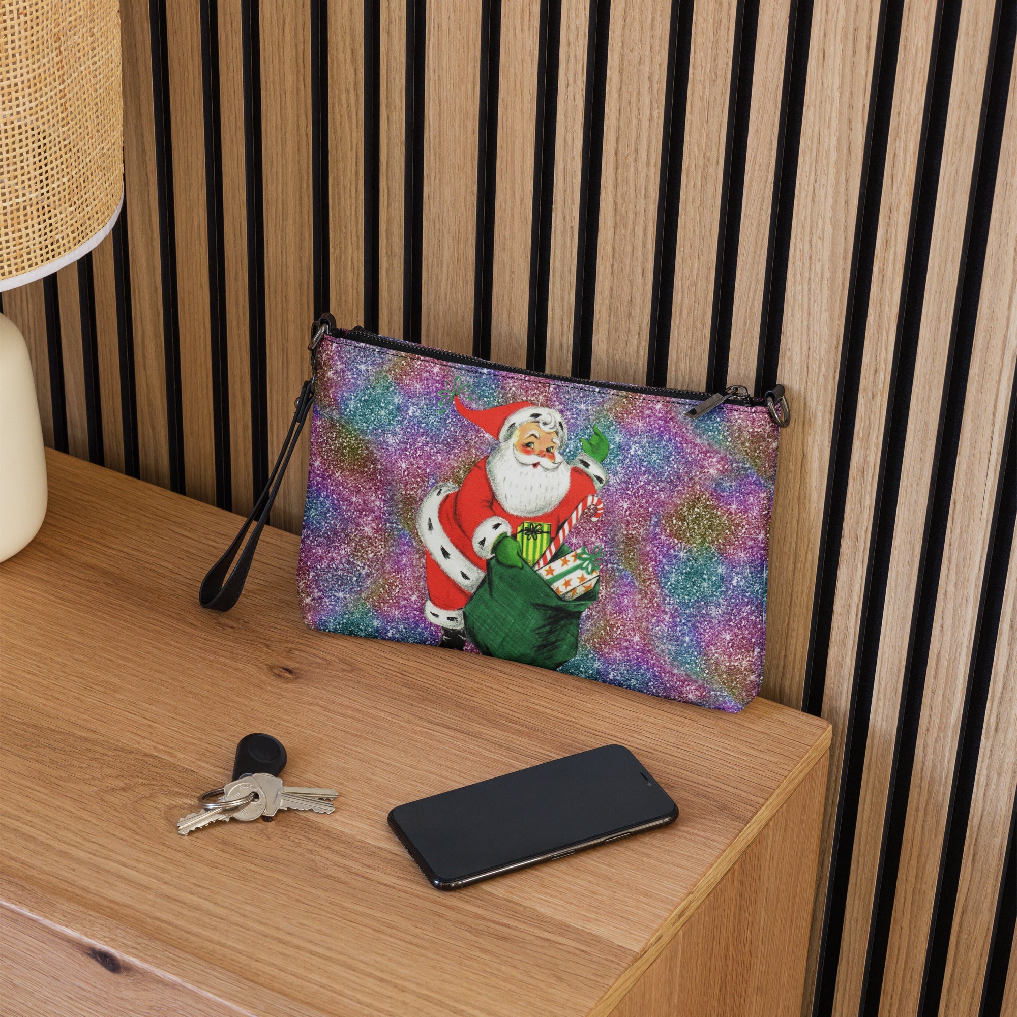 Retro Santa With His Sack Of Presents Glitter Background Mid Century Christmas Print Crossbody Bag Purse