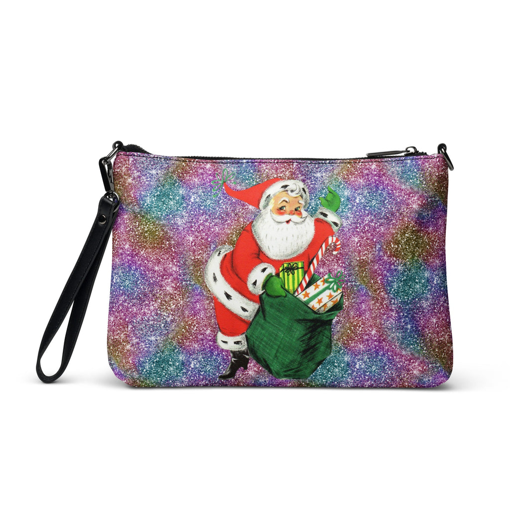 Retro Santa With His Sack Of Presents Glitter Background Mid Century Christmas Print Crossbody Bag Purse