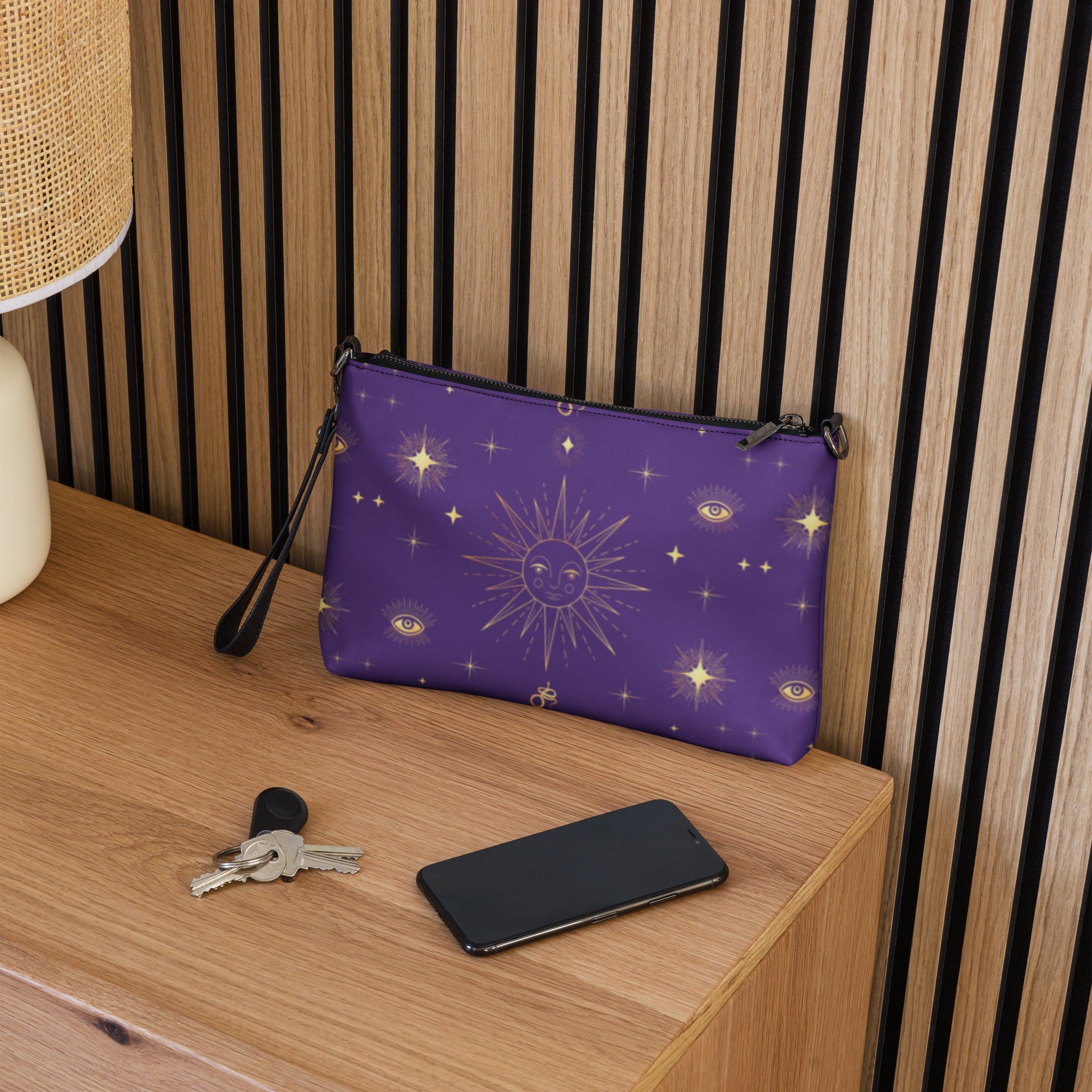 Celestial Gold Sun Stars Purple Tarot Crossbody Bag Shoulder Purse Clutch Wristlet