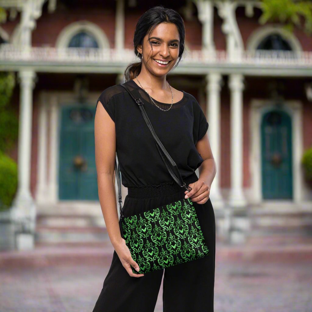 Green Bats Halloween Black Crossbody Bag Clutch Purse