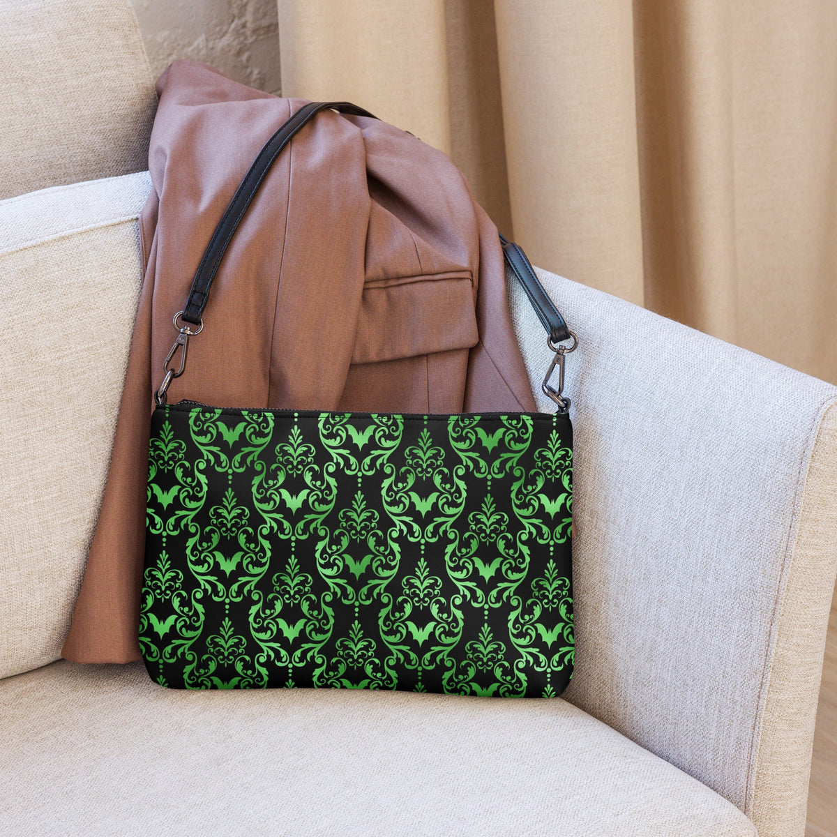 Green Bats Halloween Black Crossbody Bag Clutch Purse