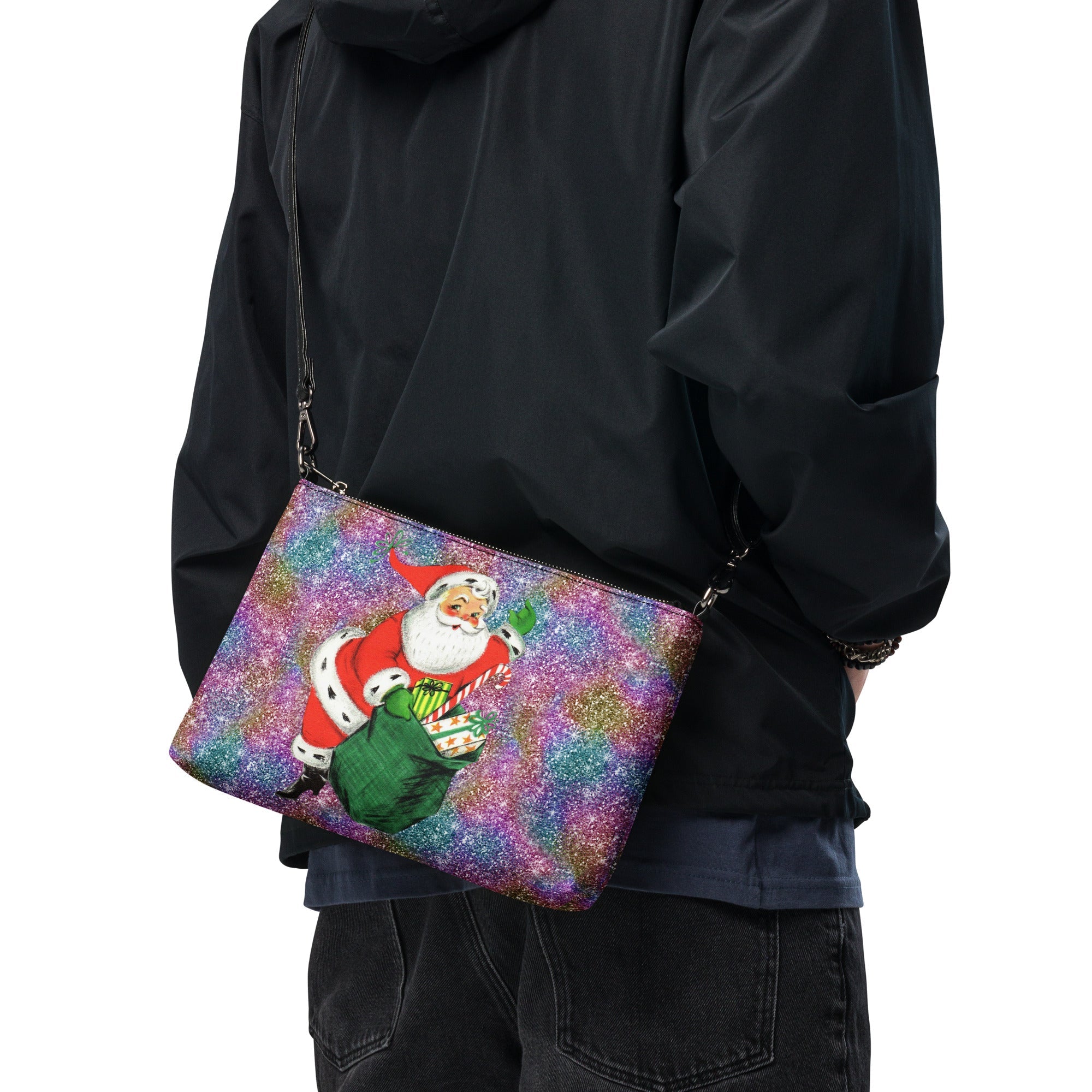 Retro Santa With His Sack Of Presents Glitter Background Mid Century Christmas Print Crossbody Bag Purse