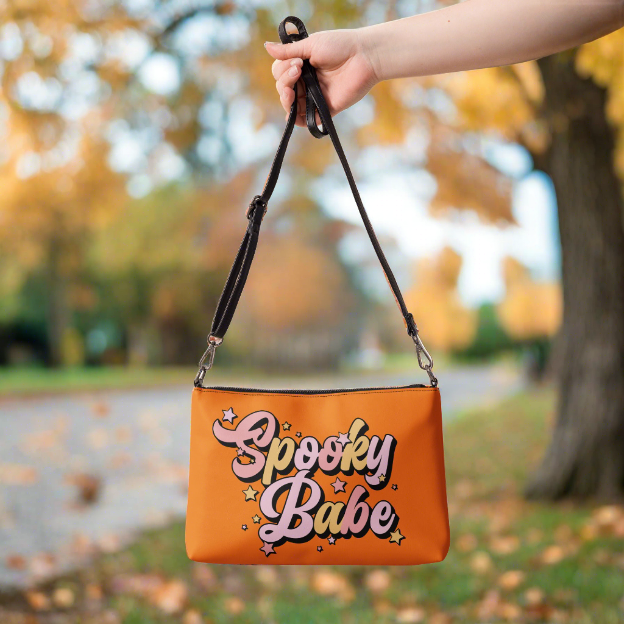Spooky Babe Stars Fall Halloween Orange Witchy Crossbody Bag Shoulder Purse Wristlet Clutch