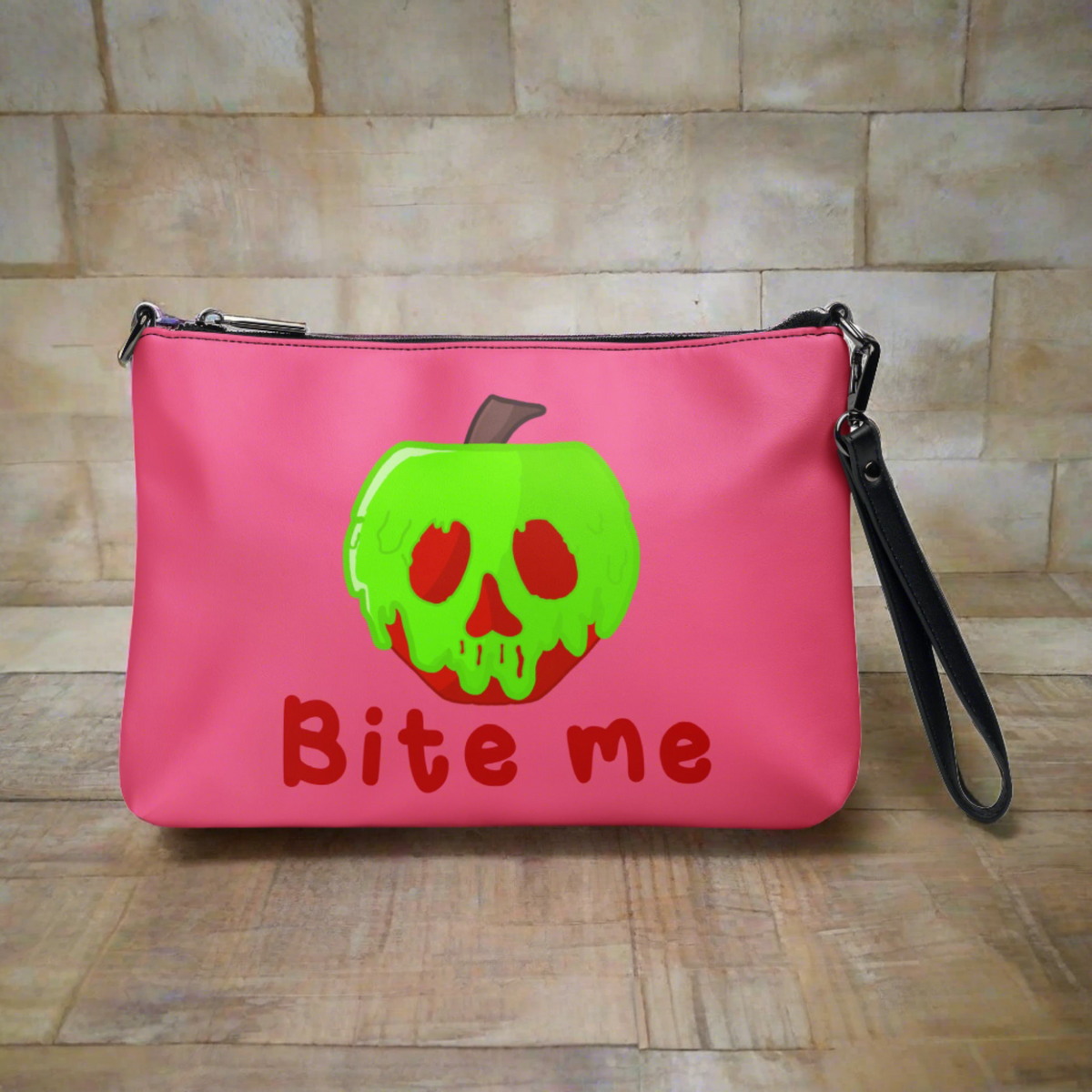 Snow White Evil Queen Bite Me Poison Apple Halloween Pink Crossbody Bag Purse