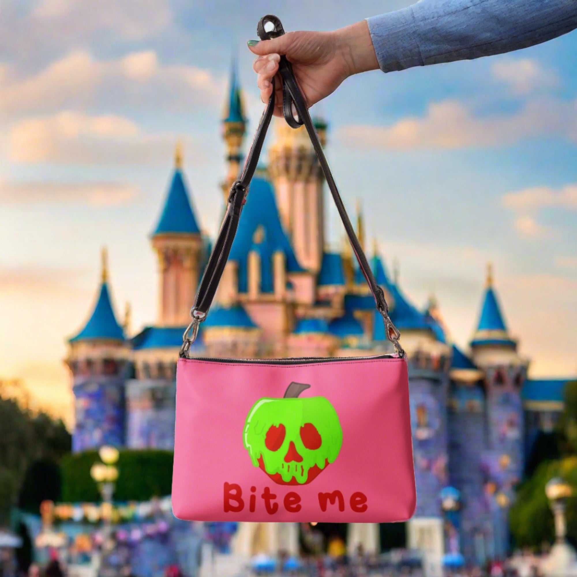 Snow White Evil Queen Bite Me Poison Apple Halloween Pink Crossbody Bag Purse
