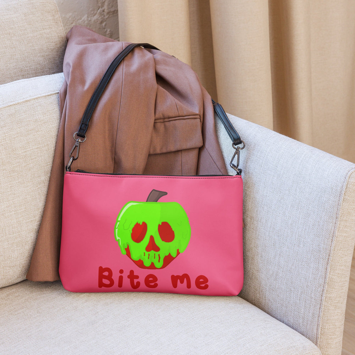 Snow White Evil Queen Bite Me Poison Apple Halloween Pink Crossbody Bag Purse