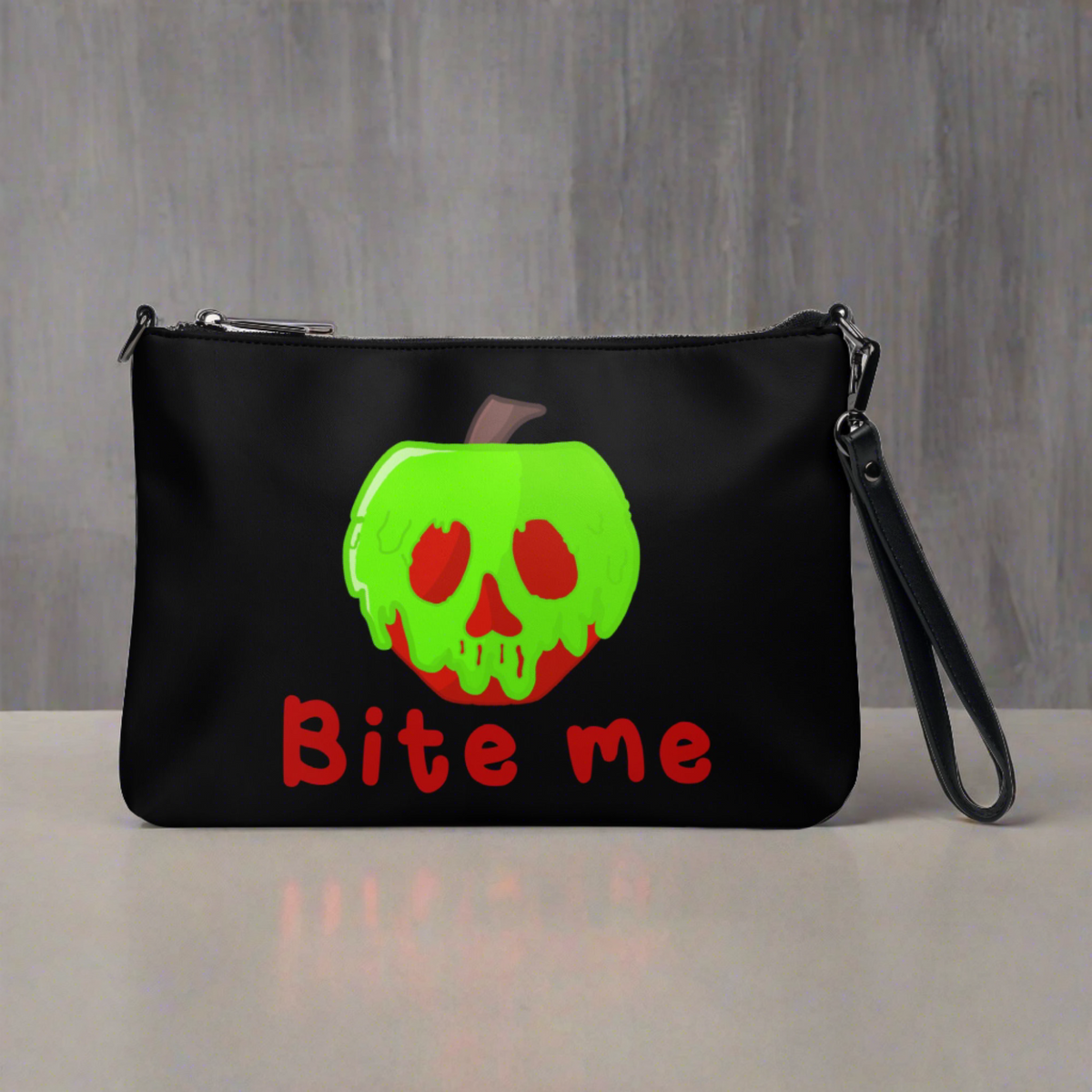 Snow White Evil Queen Bite Me Poison Apple Halloween Black Crossbody Bag Purse