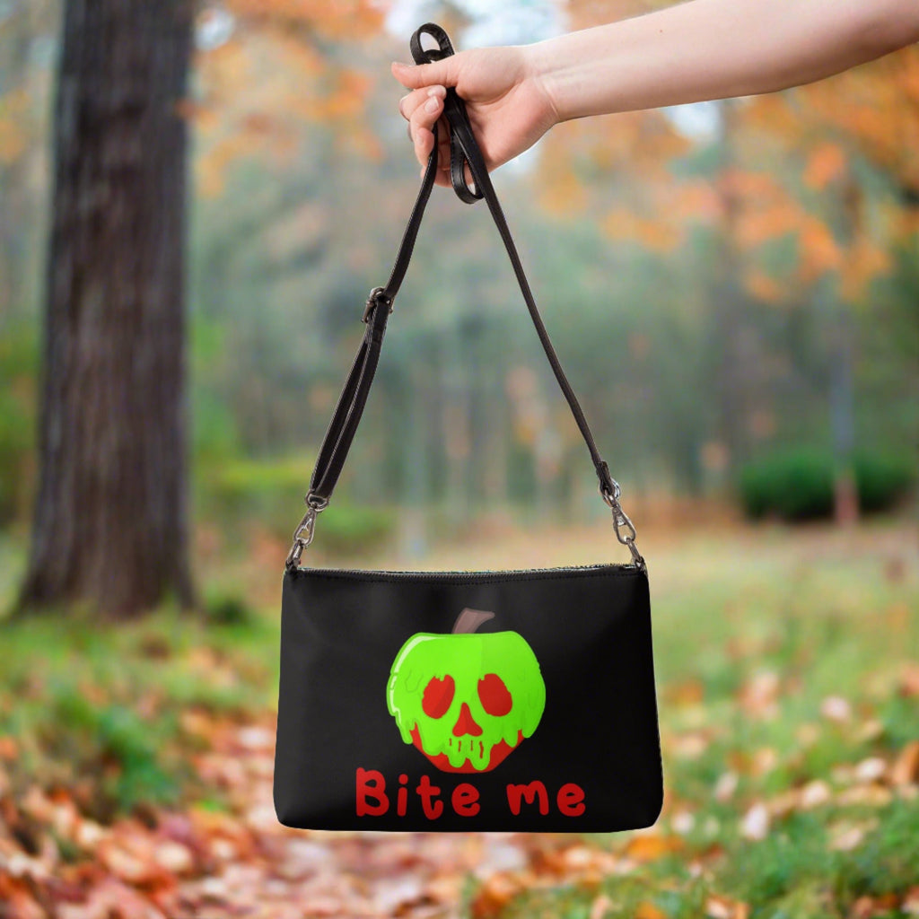 Snow White Evil Queen Bite Me Poison Apple Halloween Black Crossbody Bag Purse