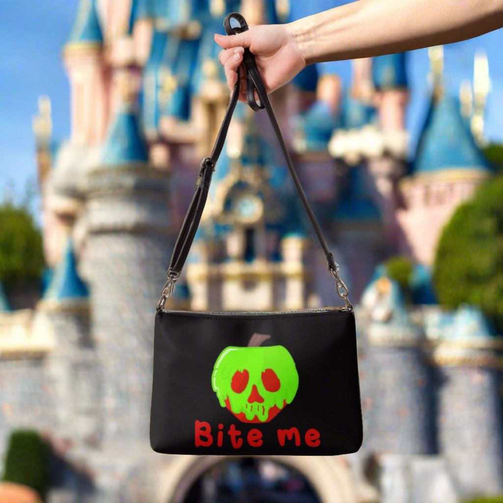 Snow White Evil Queen Bite Me Poison Apple Halloween Black Crossbody Bag Purse