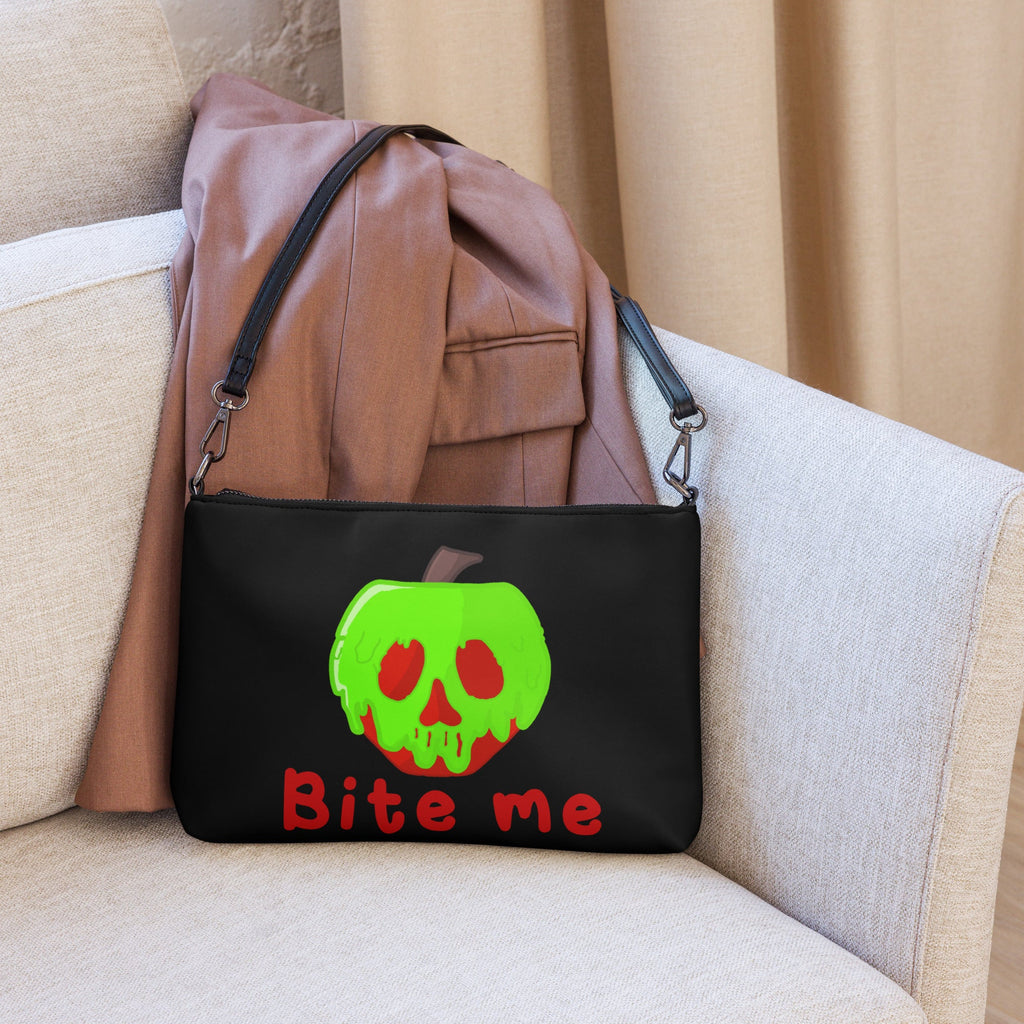 Snow White Evil Queen Bite Me Poison Apple Halloween Black Crossbody Bag Purse