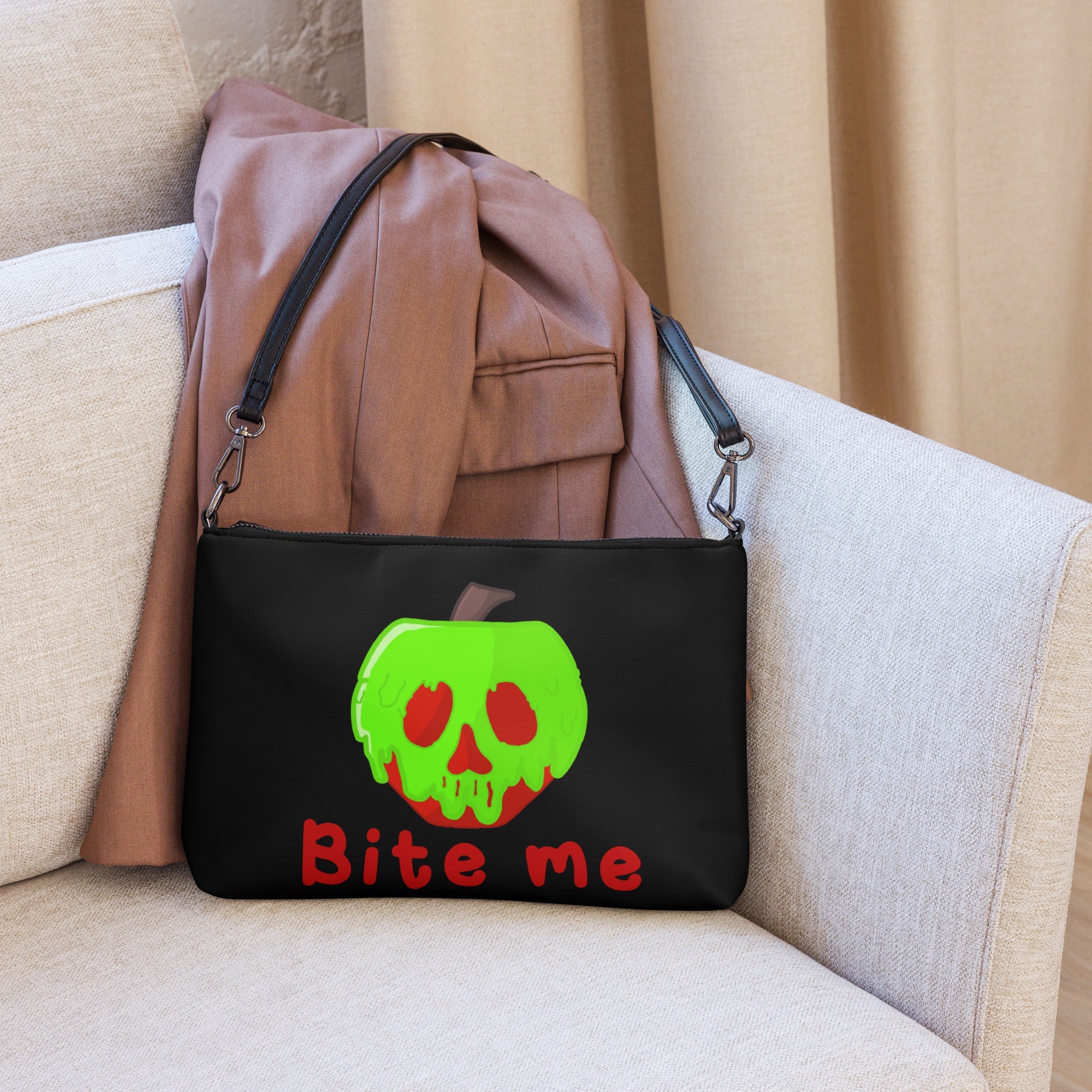 Snow White Evil Queen Bite Me Poison Apple Halloween Black Crossbody Bag Purse