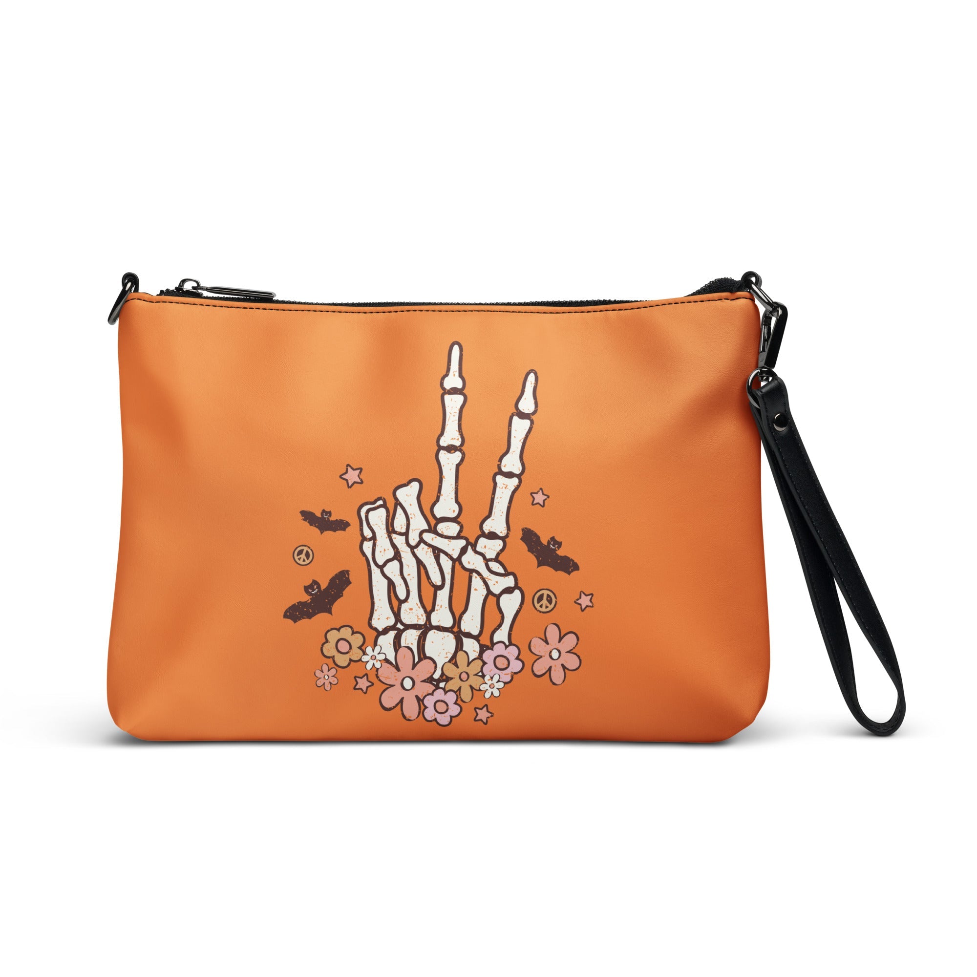 Retro Groovy Skeleton Peace Sign Halloween Crossbody Bag Shoulder Purse Wristlet Clutch