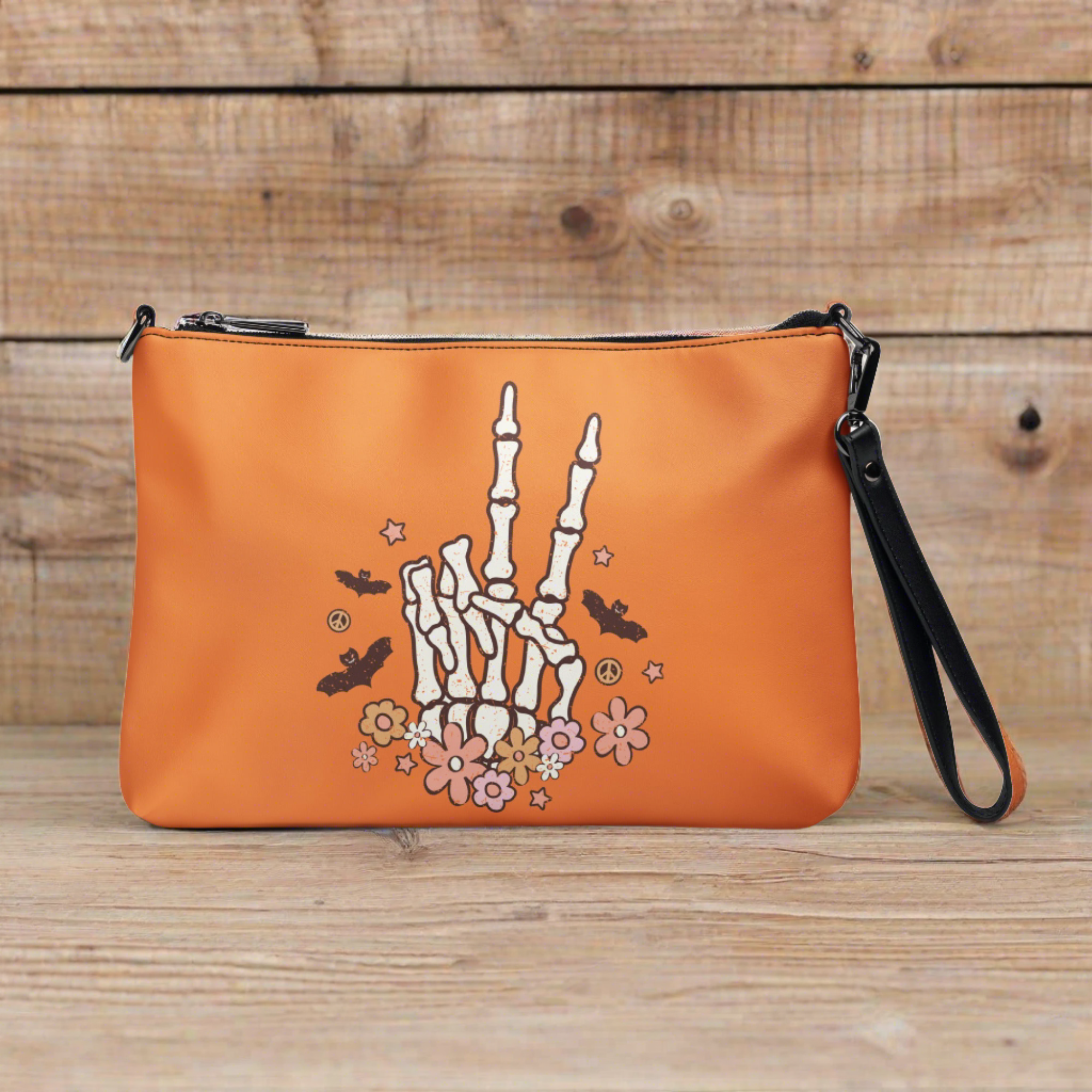 Retro Groovy Skeleton Peace Sign Halloween Crossbody Bag Shoulder Purse Wristlet Clutch