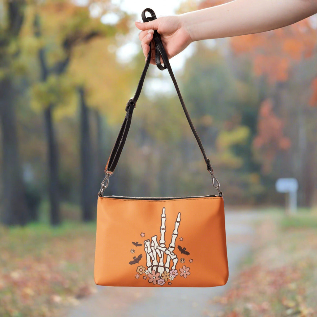 Retro Groovy Skeleton Peace Sign Halloween Crossbody Bag Shoulder Purse Wristlet Clutch