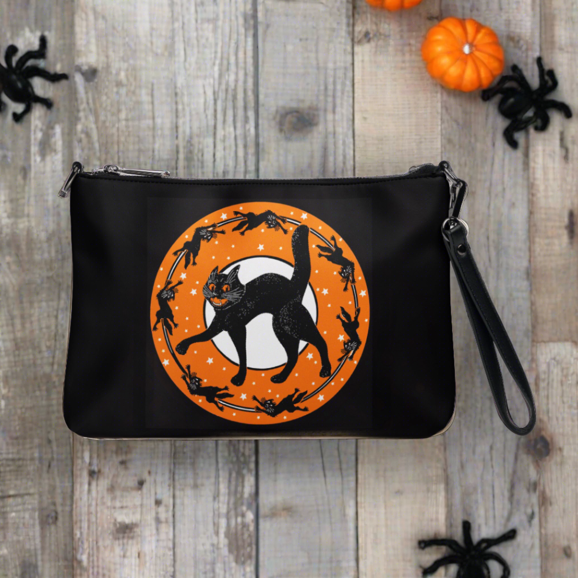 Black Cats Moon And Stars Retro Gothic Vintage Halloween Print Crossbody Bag Purse