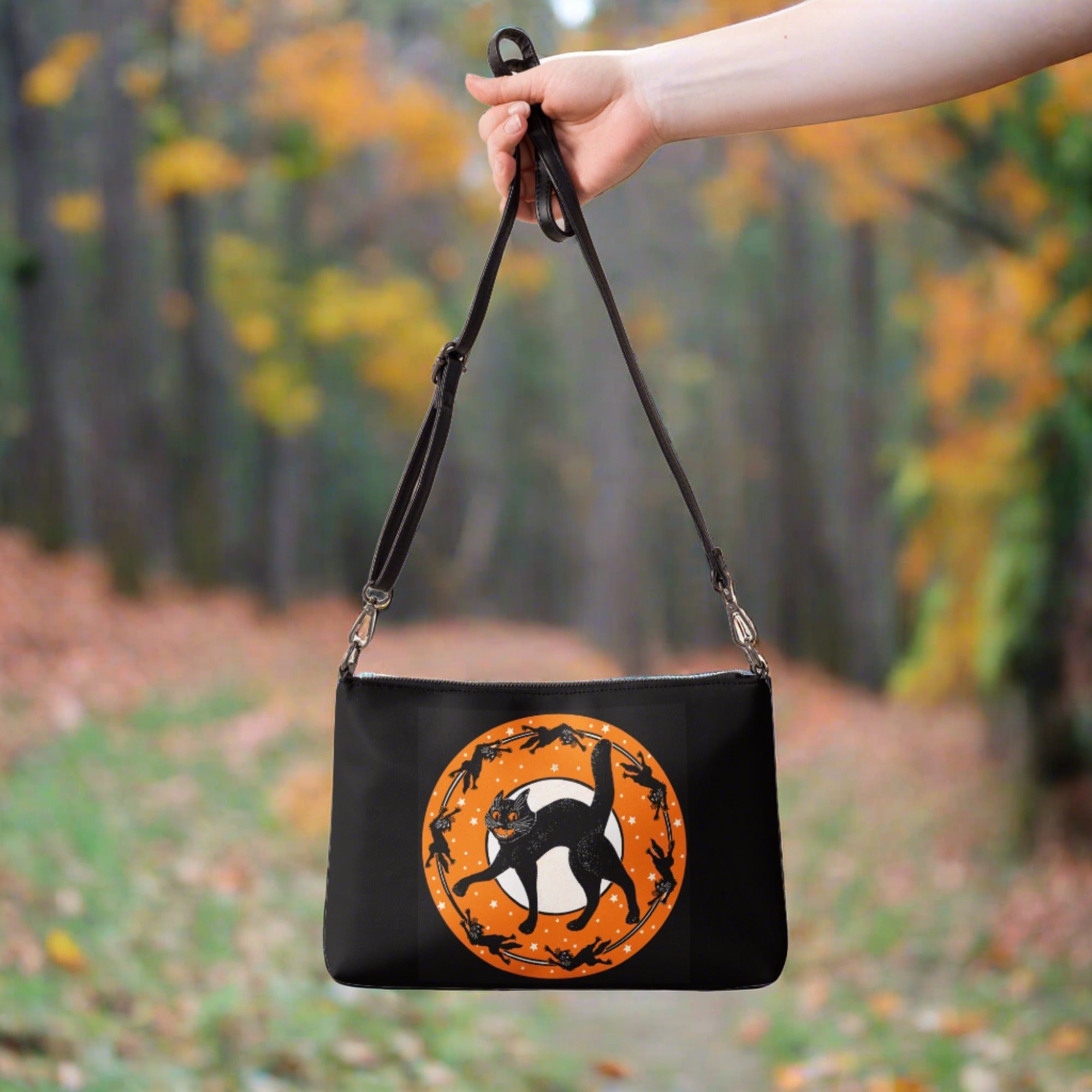Black Cats Moon And Stars Retro Gothic Vintage Halloween Print Crossbody Bag Purse