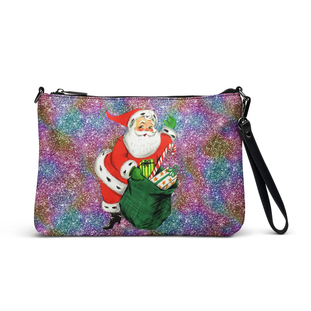 Retro Santa With His Sack Of Presents Glitter Background Mid Century Christmas Print Crossbody Bag Purse