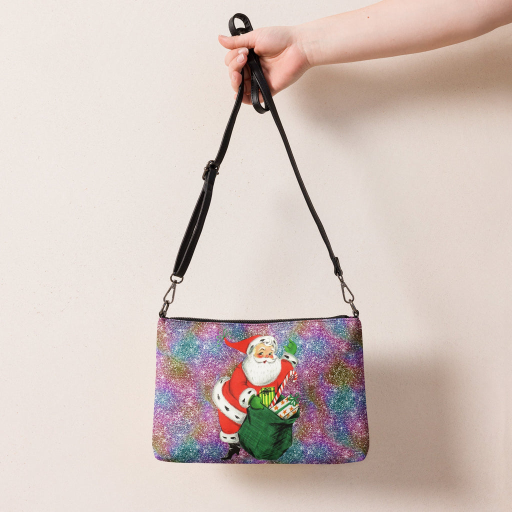 Retro Santa With His Sack Of Presents Glitter Background Mid Century Christmas Print Crossbody Bag Purse