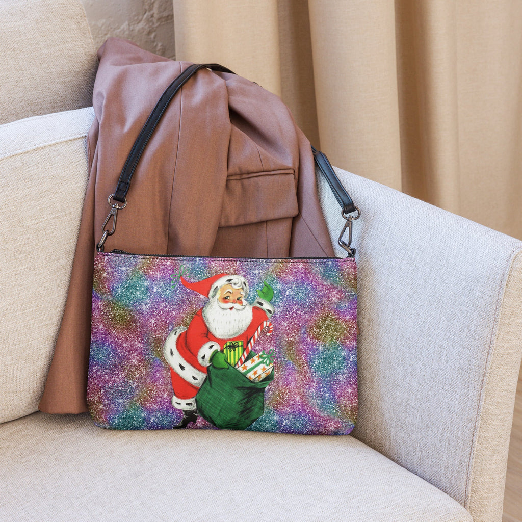 Retro Santa With His Sack Of Presents Glitter Background Mid Century Christmas Print Crossbody Bag Purse