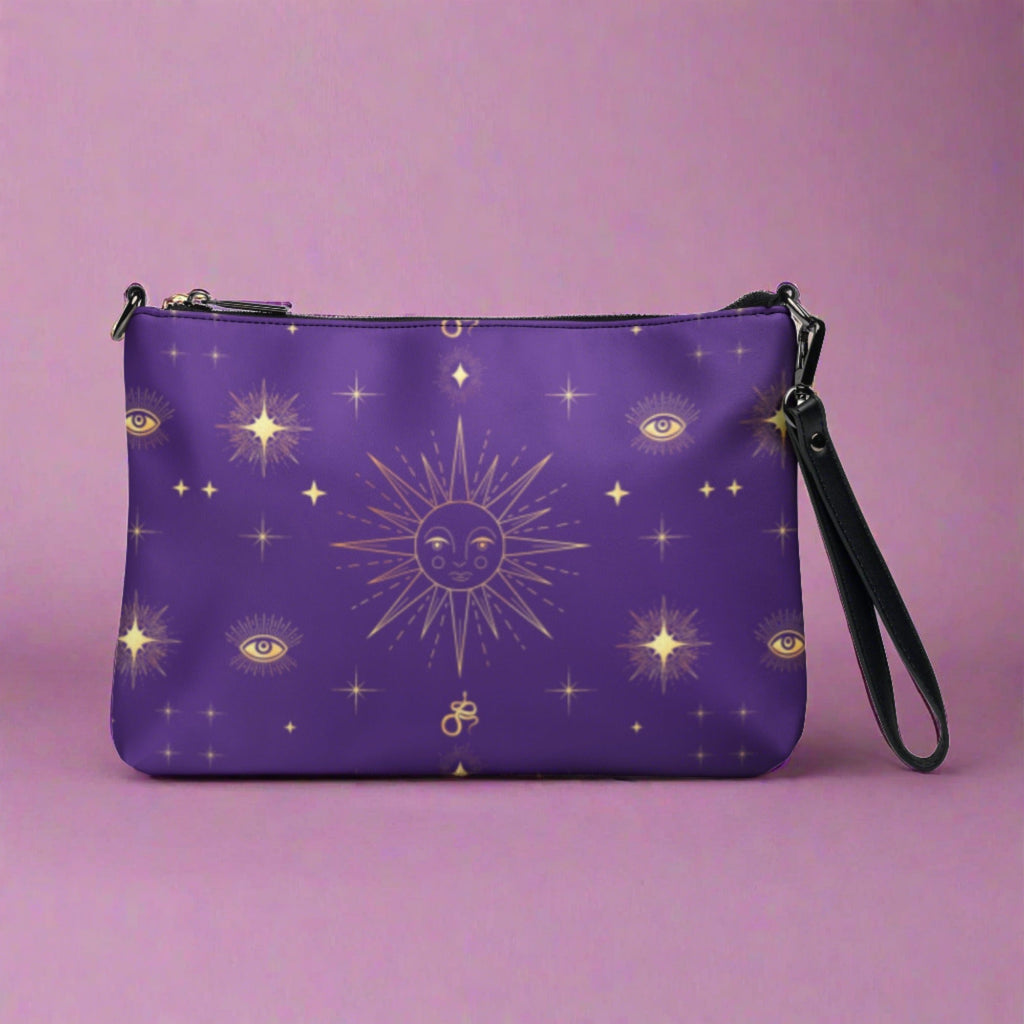 Celestial Gold Sun Stars Purple Tarot Crossbody Bag Shoulder Purse Clutch Wristlet