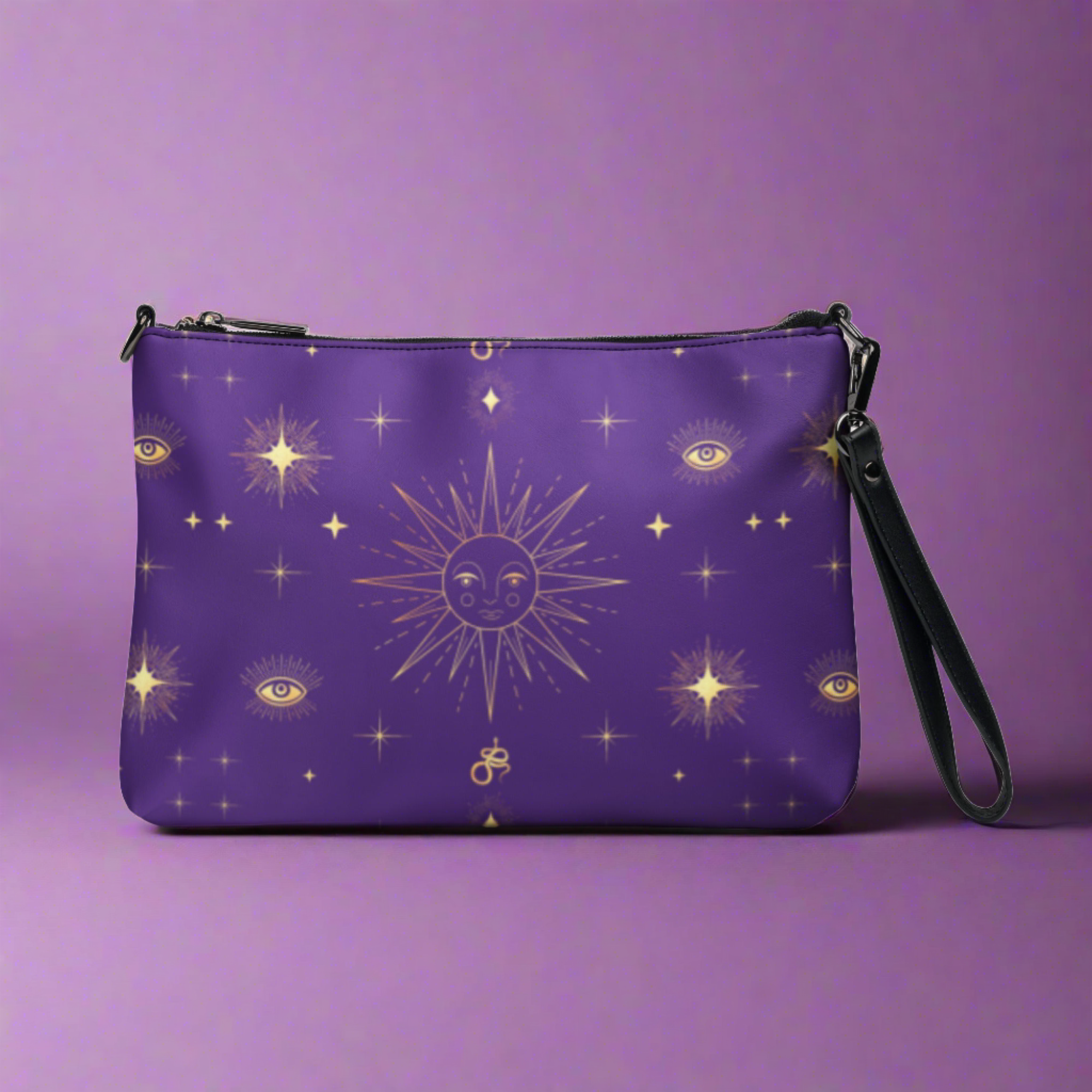Celestial Gold Sun Stars Purple Tarot Crossbody Bag Shoulder Purse Clutch Wristlet
