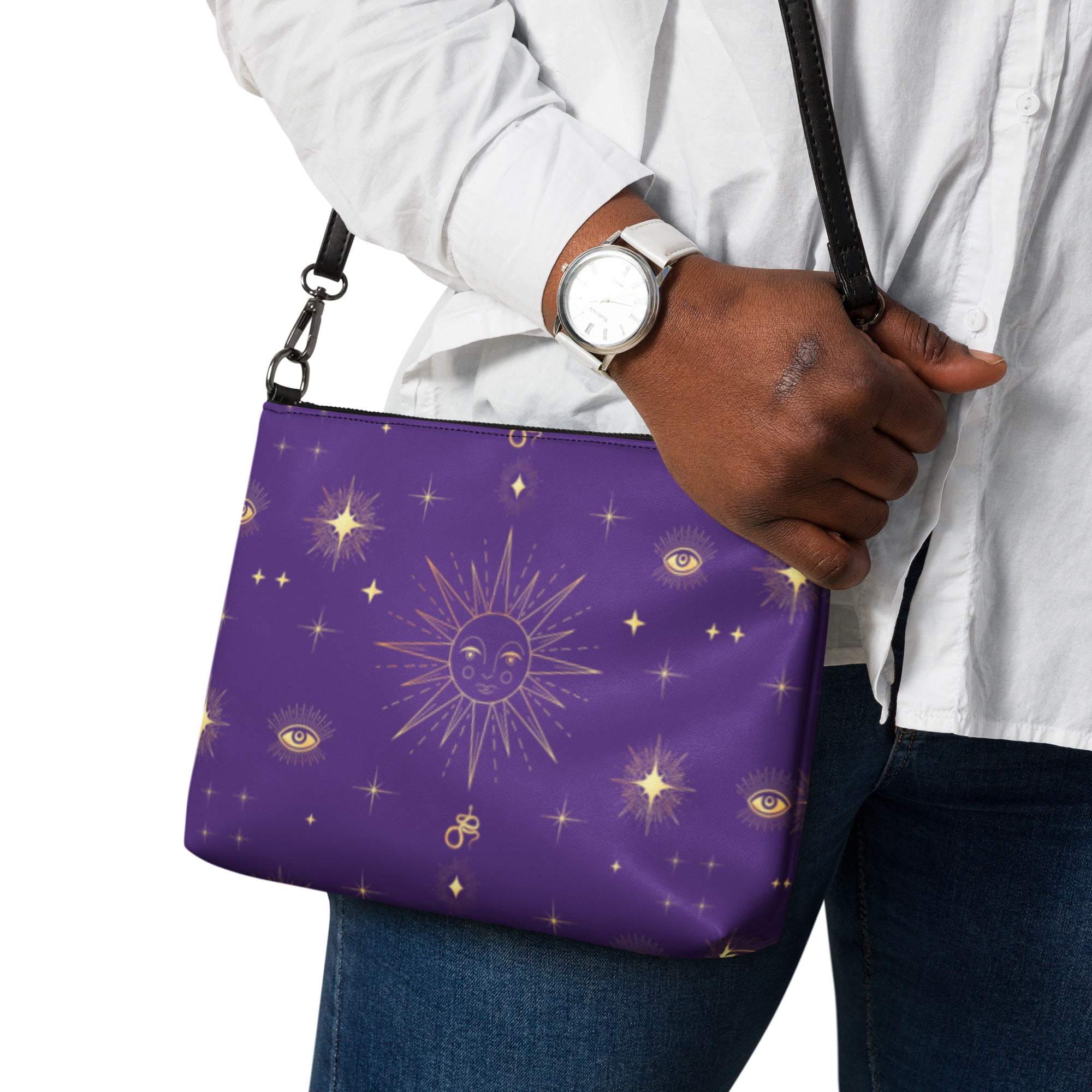 Celestial Gold Sun Stars Purple Tarot Crossbody Bag Shoulder Purse Clutch Wristlet