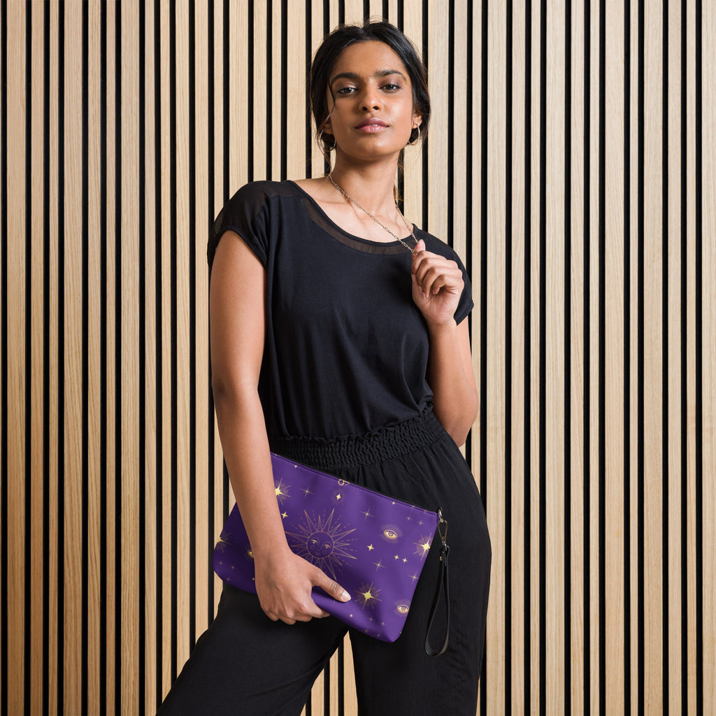 Celestial Gold Sun Stars Purple Tarot Crossbody Bag Shoulder Purse Clutch Wristlet
