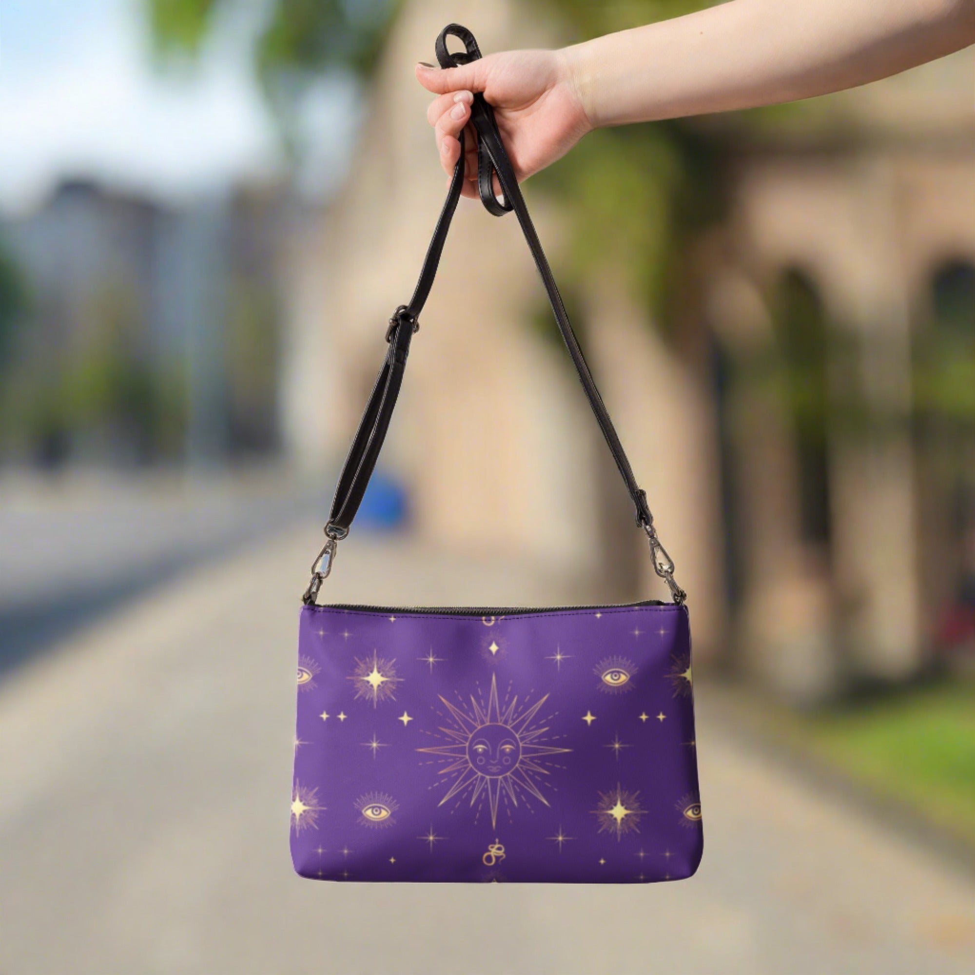 Celestial Gold Sun Stars Purple Tarot Crossbody Bag Shoulder Purse Clutch Wristlet