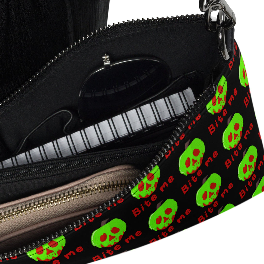 Snow White Evil Queen Bite Me Poison Apple Halloween Black Crossbody Bag Purse