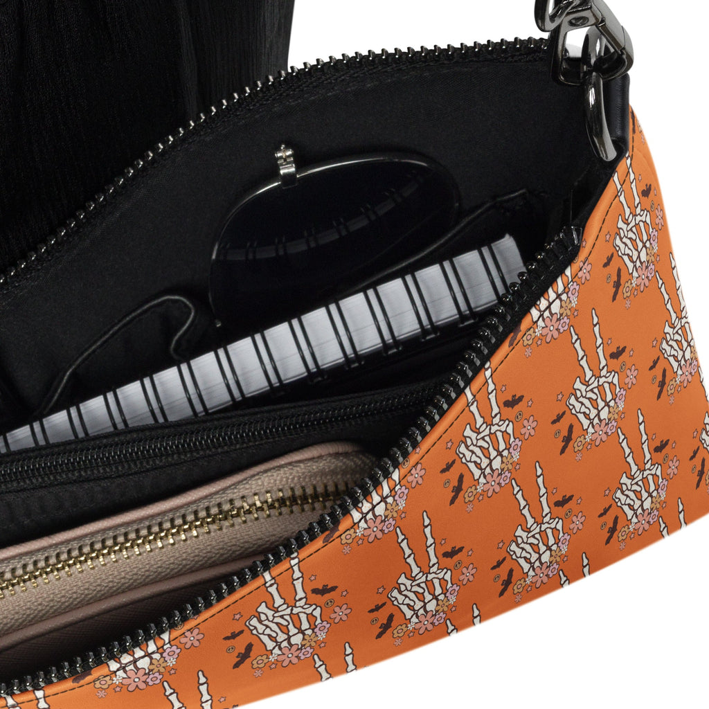Retro Groovy Skeleton Peace Sign Halloween Crossbody Bag Shoulder Purse Wristlet Clutch